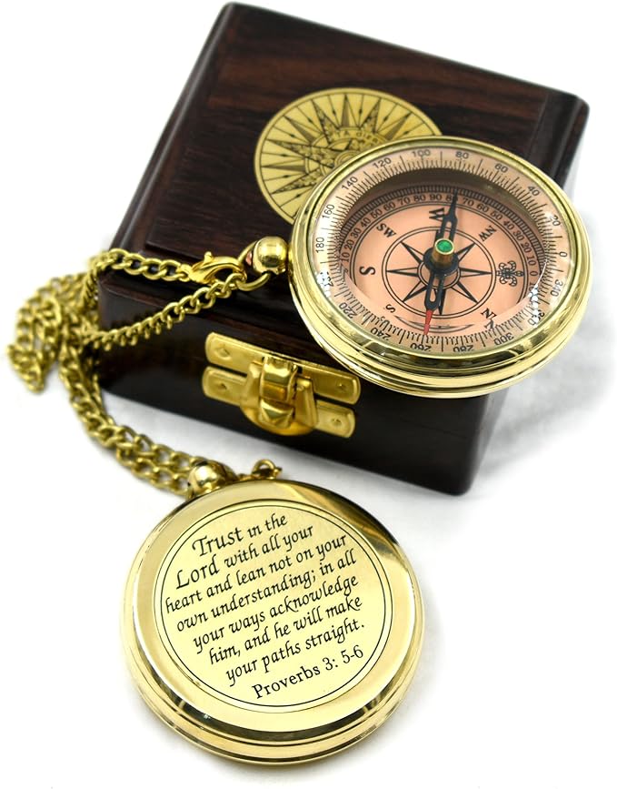 Trust in The Lord With All Your Heart - Proverbs 3:5-6 Quote Engraved Compass With Wooden Box, Greeting Card, Gift Compass, Graduation Day Gifts 2024 for Women Men Boys Girls