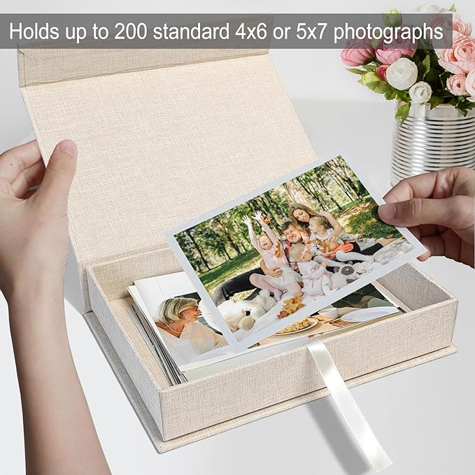 Sprsthai 5x7 Archival Photo Storage Box with Lid – Stackable Memory Keepsake Organizer for Photos, Certificates, Jewelry & Scrapbooking Supplies Beige