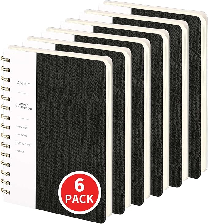 Spiral Notebook-5.75" x 8.125" College Ruled Journal with Inner Pockets and 160 Pages,PU Leather Cover Business Journal, Twin-Wire Binding Notebook Perfect for Office & Home School Supplies 6 pack Black
