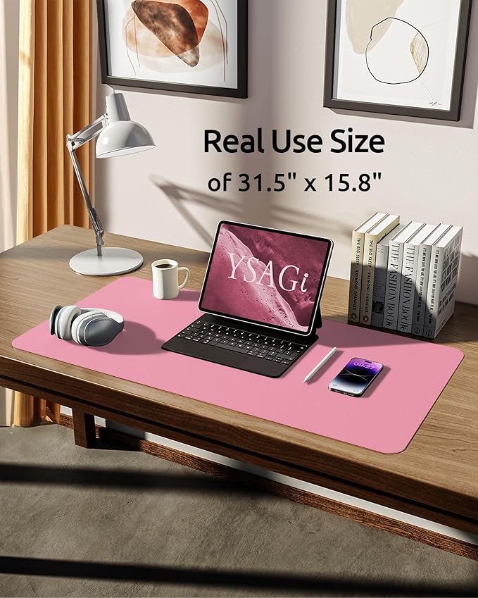 YSAGi Leather Desk Protector, Office Mat, Large Mouse Mat, Non-Slip PU Leather Blotter, Laptop Desk, Waterproof Writing Pad for Office and Home (Pink, 31.5" x 15.8")