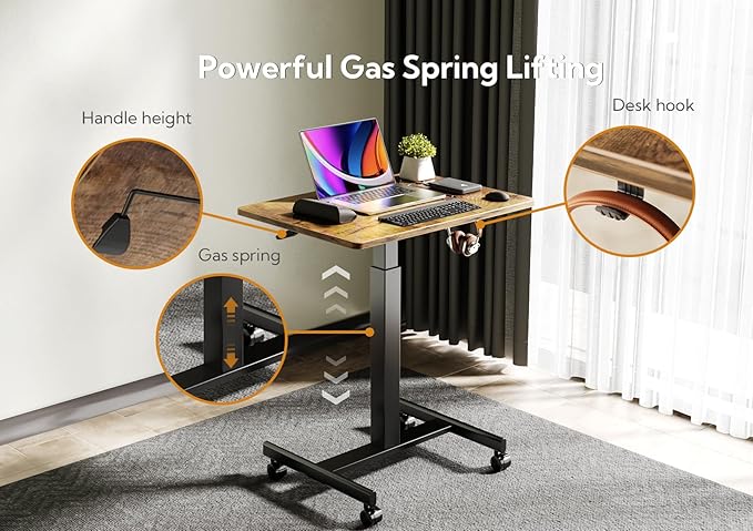 YDN Mobile Mobile Standing Desk with Lockable Wheels, Adjustable Height Portable Laptop Desk, 25.5" x 18.8" Rolling Desk with Hook for Computer Workstation, Rustic Brown