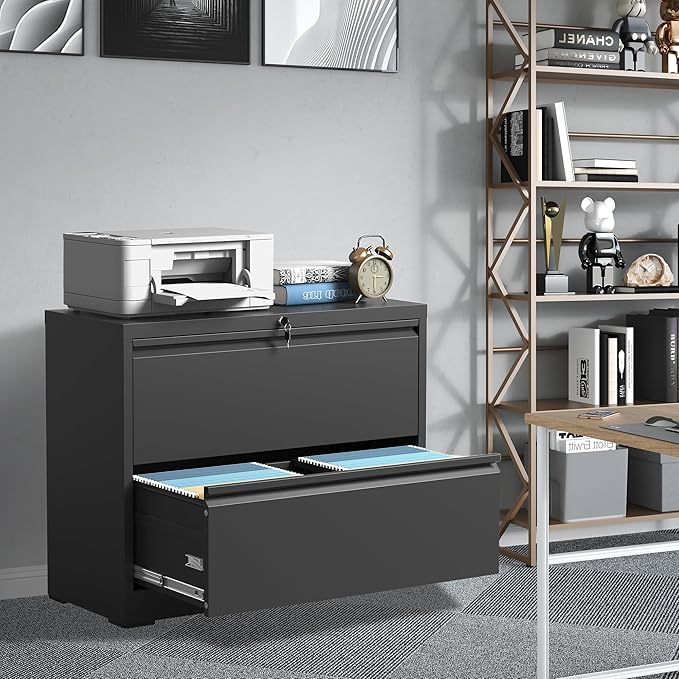 FLIXELIO File Cabinets 2 Drawer,Metal Office Storage Filing Cabinet with Lock,Black Lateral Filing Cabinet for Home Office,Horizontal 2-Drawer File Cabinets for Legal/Letter/A4,Assembly Require,Black