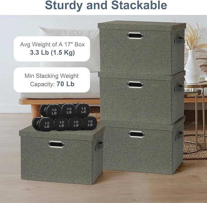 Graciadeco Large 17" 36 Quart Collapsible Stackable Storage Bins with Lids, 3 Packs Dark green Foldable Fabric Closet Storage Boxes with Lids, Heavy-duty Linen Cube Baskets(17x12x11)