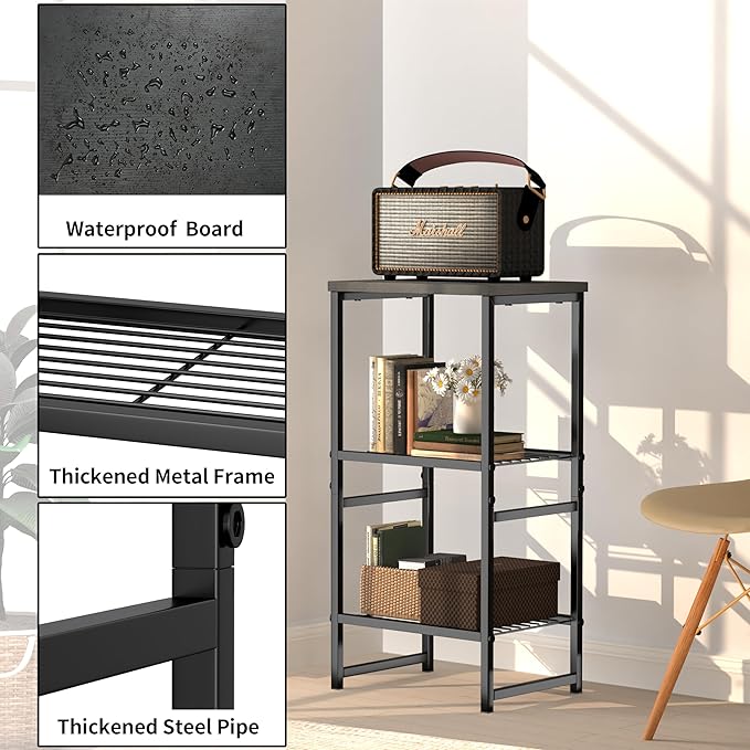 GEORIS 3 Tier Freestanding Printer Stand Shelf for Desk, Black Metal Side Table for Printer, Fax Marchine