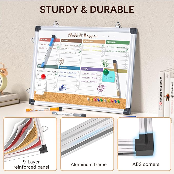 Weekly Dry Erase Board and Cork Board Combo for Wall, 17"x13" Reversible Hanging Dry Erase Board, Double Sided White Board with Aluminum Frame for Planning, Office, Kitchen, School, Home