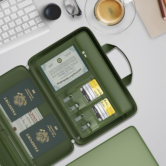 Fireproof File Organizer with Lock, Hard-Shell Case Fireproof Document Box with 13 Pockets Accordion File Folder, Important Document Organizer for Letter A4 Files Laptop Passports (Green)