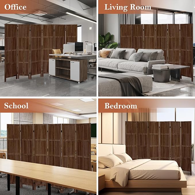 Leesinwing Wood Room Divider 6 Panel Folding Privacy Screen, Classic 5.6Ft Indoor Wooden Partition, Portable Partition Wall Divider for Room Separation, Home, Office, Bedroom, Restaurant (Brown)