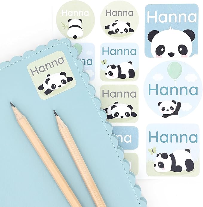 Large Name Labels for Kids (33) - Custom Stickers for Daycare and School Supplies - Durable, Waterproof Stickers for Water Bottles, Lunch Boxes, and More with Unique Designs - Panda