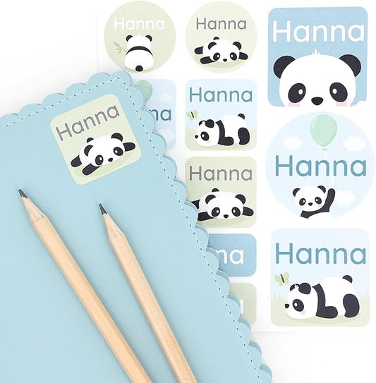 Large Name Labels for Kids (33) - Custom Stickers for Daycare and School Supplies - Durable, Waterproof Stickers for Water Bottles, Lunch Boxes, and More with Unique Designs - Panda