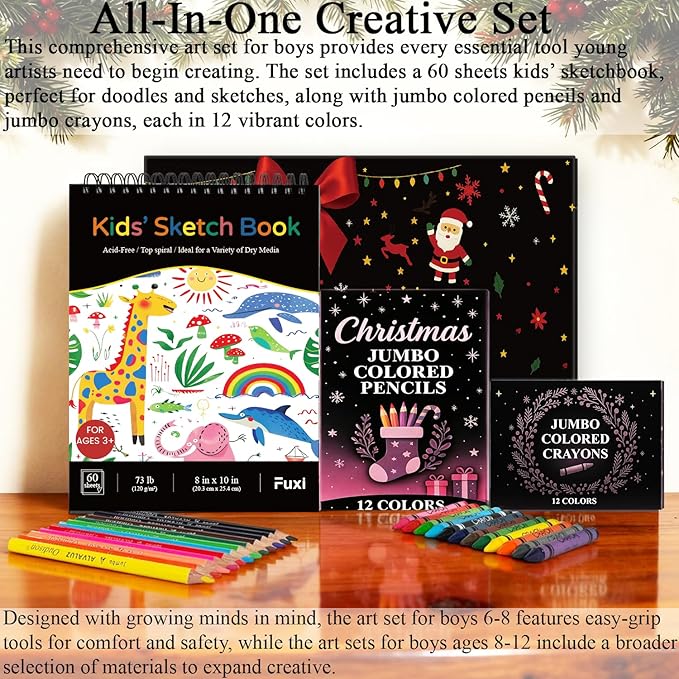 Fuxi Art Supplies for Kids 9-12, Stocking Stuffers | Art Set with 60-Sheet (73lb/120gsm) Sketch Book for Kids Ages 8-12, Jumbo Colored Pencils & Crayons | Ideal Christmas Gifts for Grandkids.