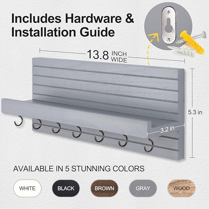 Lwenki Decorative Key Holder for Wall with Shelf, Entryway Shelf with Hooks Holds Leashes, Jackets and Glasses – Sturdy Wood Keyholder Entrance Hanger with Mounting Hardware (Gray, Large)