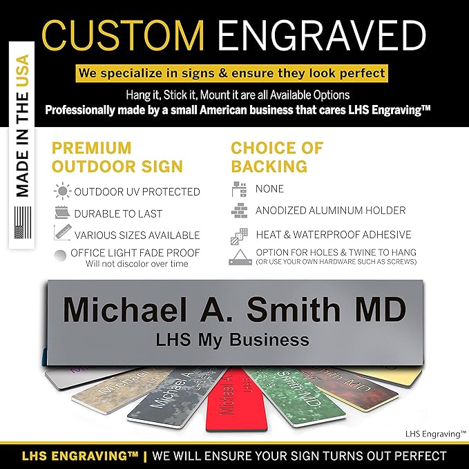Personalized Name Plate with Choice of Mounting Holders for Walls, Doors, Cubicles, Hanging and More - Custom Gray Plastic Black Letters - USA Made 2x10 - B8