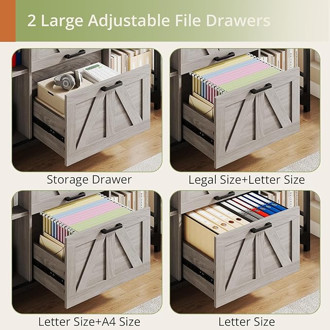 AesthLife 44" File Cabinet for Home Office, Wood Filing Credenza with Built-In Power Outlet, 2 Drawer File Cabinet with Lock, 4 Open Shelves, Metal Shelf, Adjustable Drawer fit to Legal/Letter/A4 Size