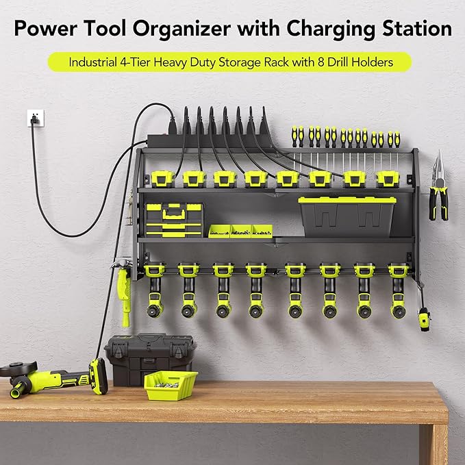 YFFSRJDJ Power Tool Organizer Wall Mount with Charging Station, 8 Drill Holder with 8-Outlet Power Strip, Garage Cordless Drill Storage and Organization, Battery Utility Rack