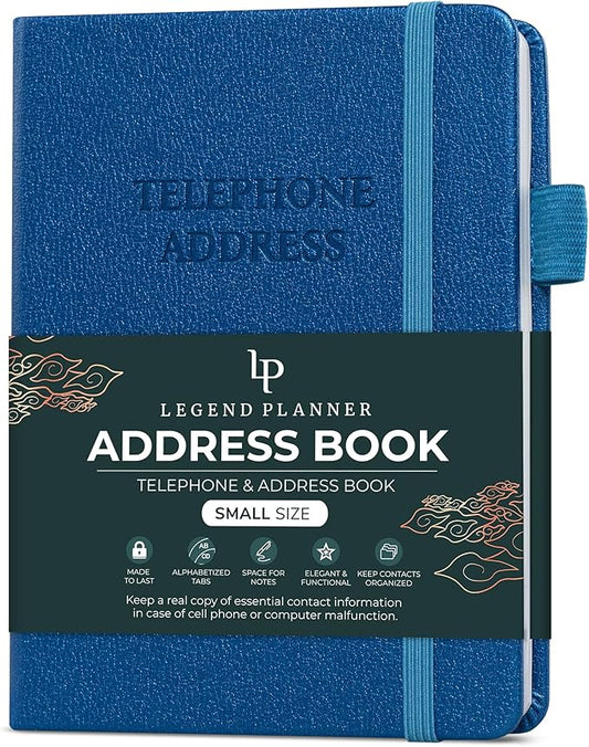 Legend Planner Address Book with Alphabetical Tabs – Mini Telephone Address Book for Phone Numbers, Addresses, Email Contacts, Passwords & Important Dates –Small Size,11x14.5cm,Hardcover (Mystic Blue)