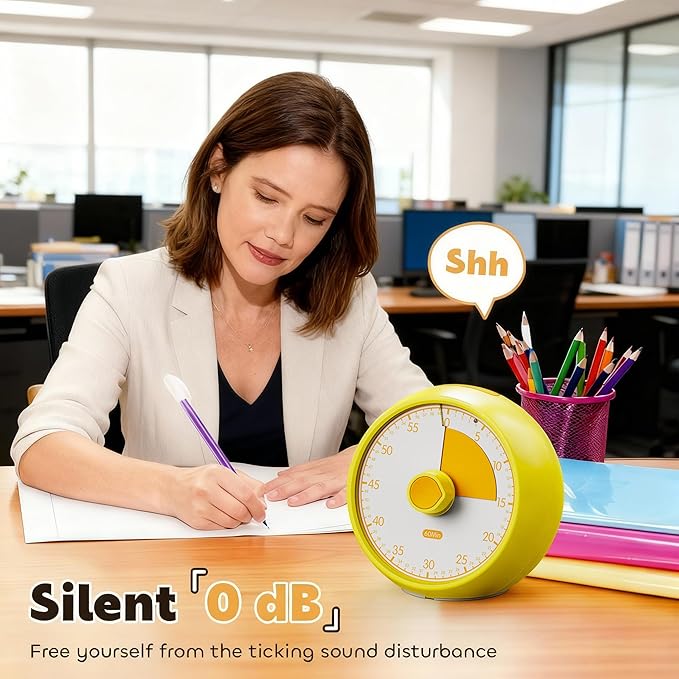 Visual Timer 60-Minute Countdown Timer with Optional Alarm, Focus Tool for ADHD & Autism, Time Management for Homework, Chores, Office, Kitchen, Teaching & Study Routines (Yellow)