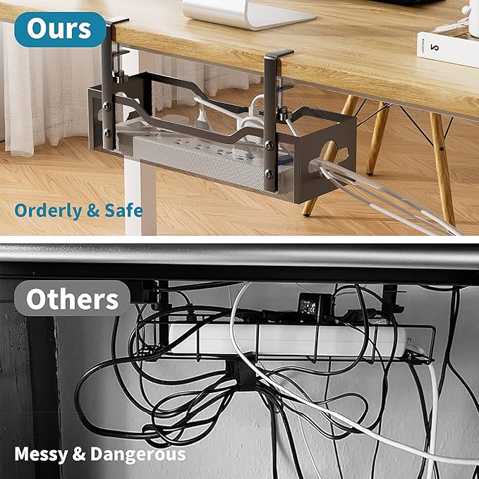 Under Desk Cable Management Tray 3 Pack, Cable Management Under Desk No Drill, Cable Organizer with Clamp for Wire Management, Cord Organizer for Office, Home - No Damage to Table (Black)