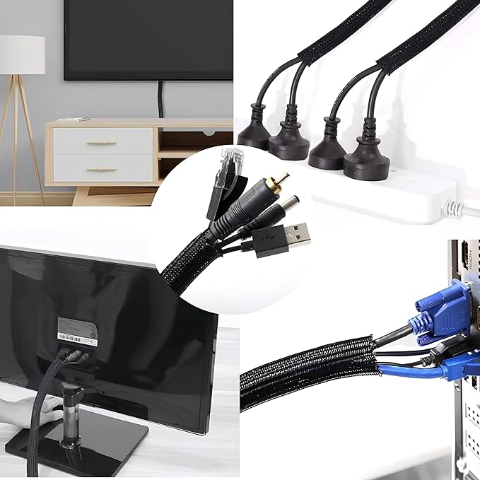 25ft - 1/2 inch Cord Protector Wire Loom Tubing Cable Sleeve Split Sleeve for USB Cable Power Cord Audio Video Cable - Management for TV Computer - Protect Cat from Chewing Cords - Black