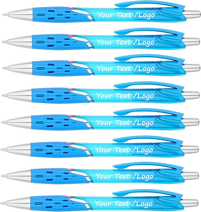 Personalized Ballpoint Pens With your Custom Logo or Text-300 Pack Bulk-for Businesses, Parties, and Events, Custom Printed, Vivid Colored Translucent Barrel, Click Pens, Black Ink, Light Blue Pens