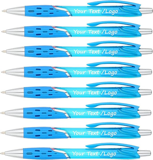 Personalized Ballpoint Pens With your Custom Logo or Text-300 Pack Bulk-for Businesses, Parties, and Events, Custom Printed, Vivid Colored Translucent Barrel, Click Pens, Black Ink, Light Blue Pens