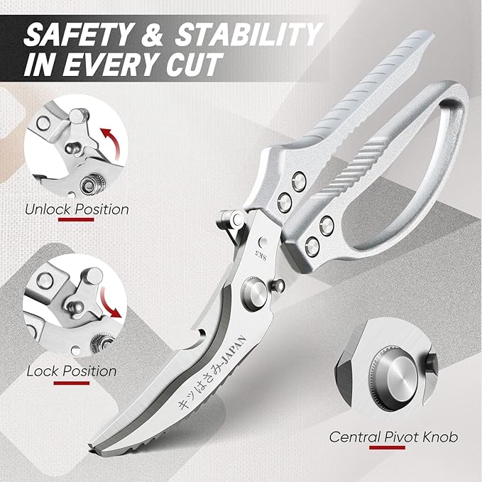 TIVOLI Kitchen Scissors Set Silver,Japanese Stainless Steel Kitchen Shears for Food, Heavy Duty Poultry Shears, Food Scissors for Meat,Chicken Bones and Turkey,Ideal Gift