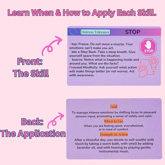 DBT Skills Coaching Cards with Guided Examples & Goals – 25 Flashcards for Emotional Regulation, Stress Relief & Coping Tools – for Teens & Adults