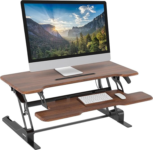 Mount-It! 38 Inch Standing Desk Converter, Sit Stand Desk Riser for Dual Monitors with Keyboard Tray, Height Adjustable Desktop Workstation, Easy Lift Gas Spring, Rustic Walnut Brown