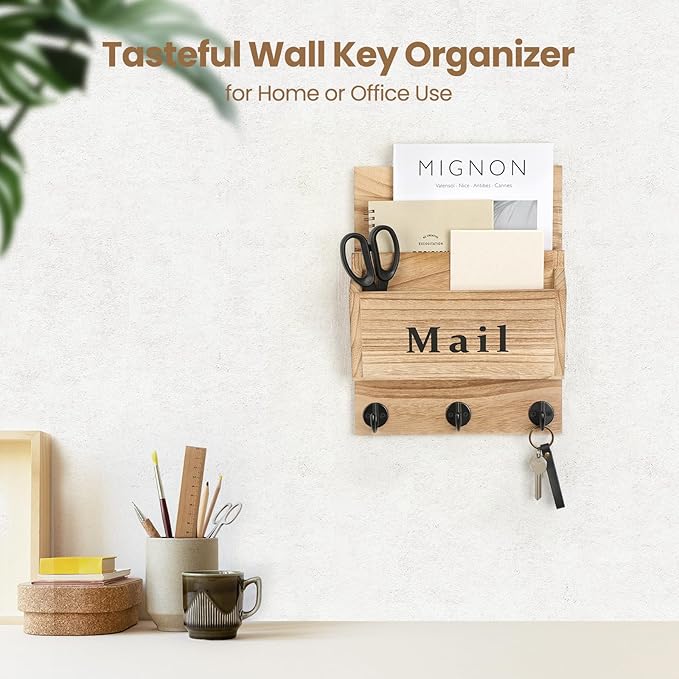 Lucundm Mail and Key Holder - Decorative 9.8" x 12.5" Wall Key Hanger with 2 Mail Organizer Slots and 3 Hooks - Real Paulownia Wood with Keyhole Brackets, Hardware and Instructions (Wood)