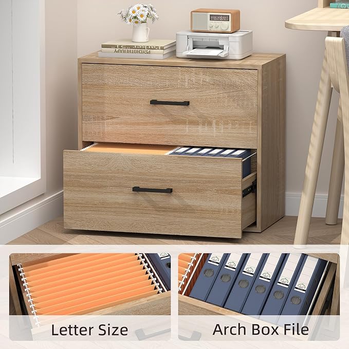 FATIGOS 2 Drawer Lateral File Cabinets, Wooden File Cabinets for Home Office, Large Office Filing Cabinet with Drawer, Printer Stand for Hanging Files/Letter/Legal Size, Oak