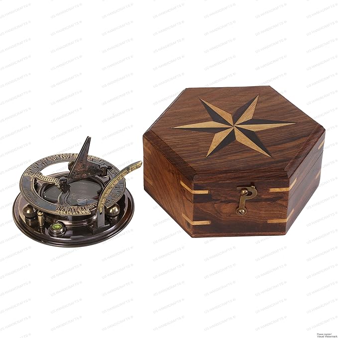 US HANDICRAFTS Vintage Brass Sundial Compass – Engraved Navigation Instrument with Wooden Case & Calendar – Baptism Gift for Son, Loved Ones, Camping & Hiking