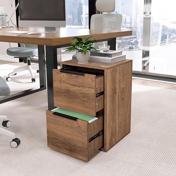 FATIGOS Wooden 2 Drawer File Cabinet, Wood Vertical Filing Cabinet Fits Hanging Files Letter Size for Home Office, Walnut