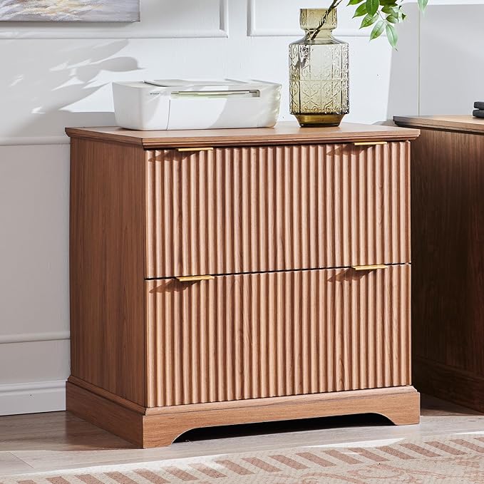 JXQTLINGMU 2 Drawer File Cabinet with Charging Station, 30" Fluted Lateral File Cabinet w/Files Hanging Rod for Letter/Legal/A4, Large Tabletop for Printer, Office Wood Printer Cabinets, Dark Grain