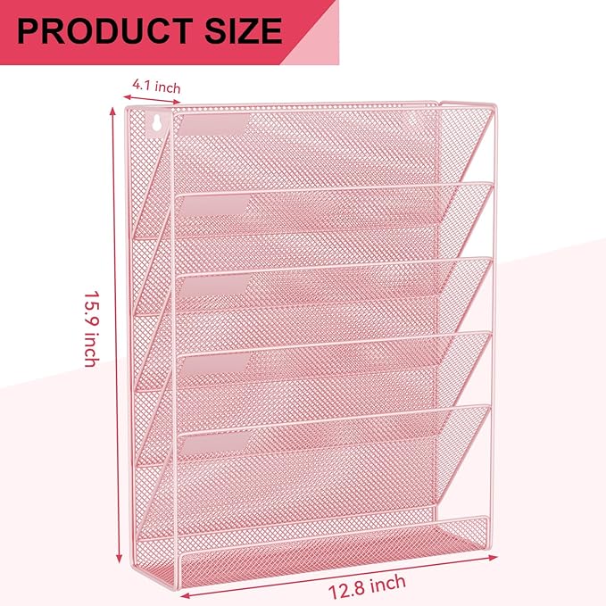 GDINDINFAN Wall File Organizer Holder Mesh Hanging Paper Document Holder, Vertical 6 Pocket Tier for Office Home, Light Pink