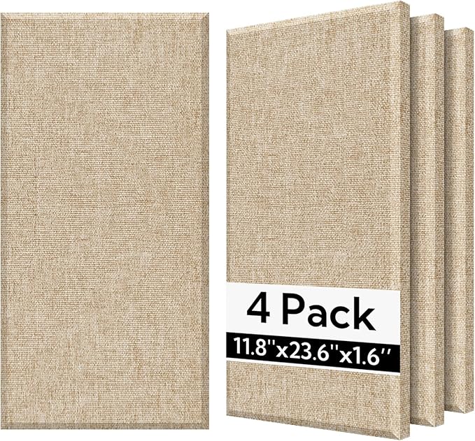 Olanglab Fiberglass Acoustic Wall Panels 4 Pack, 11.8'' x 23.6'' Sound Panels, Fabric Wrapped Sound Proof Panels for Walls (Khaki)