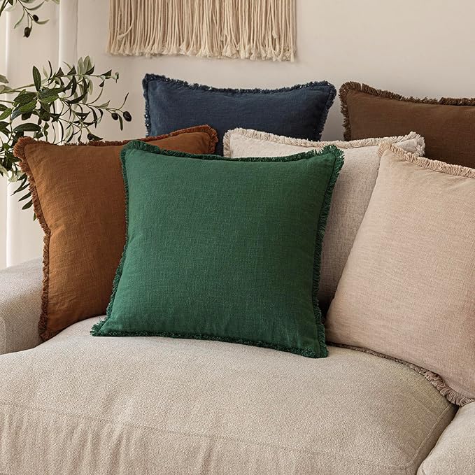 Foindtower Set of 2 Decorative Linen Fringe Throw Pillow Covers Cozy Boho Farmhouse Cushion Cover with Tassels Soft Accent Pillowcase for Couch Sofa Bed Living Room Home Decor, 16×16 Inch, Pine Green