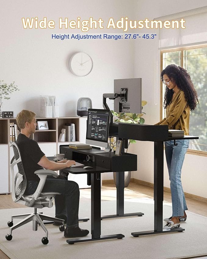 YIHAYO Electric Standing Desk with Drawers, 60 x 24 Inches Adjustable Desk with Storage Shelf, Computer Table with Splice Board for Home Office, Black Frame/Black Top