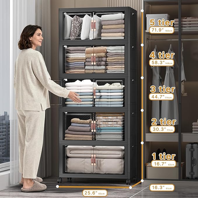 UAMFURI Extra Large Stackable Storage Bins with Lids & Wheels & Door, 560QT-112QT/28GAL*5Pack Foldable Collapsible Closet Organizers, Plastic containers drawers for bedroom Dorm