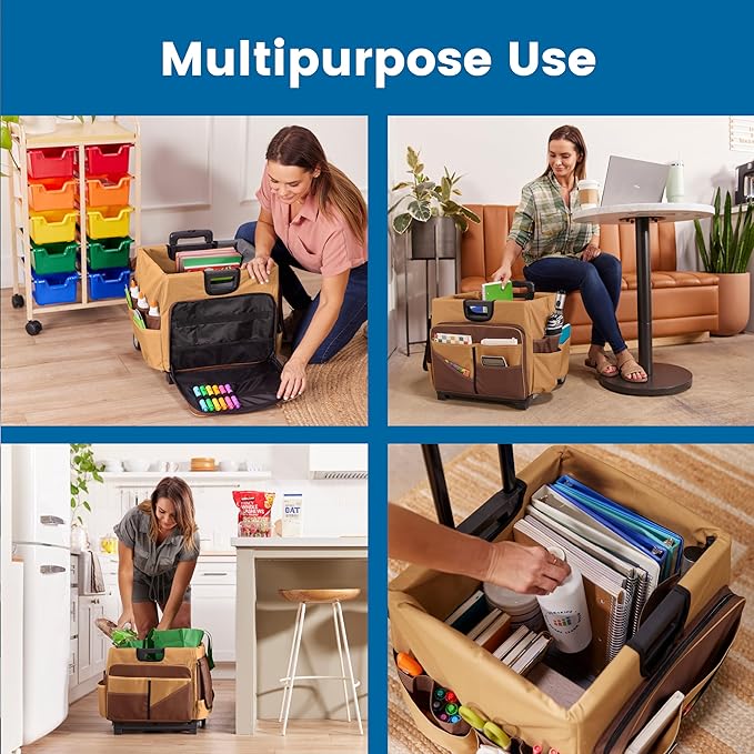 ECR4Kids Universal Rolling Cart with Canvas Organizer Bag, Mobile Storage, Chocolate/Sand
