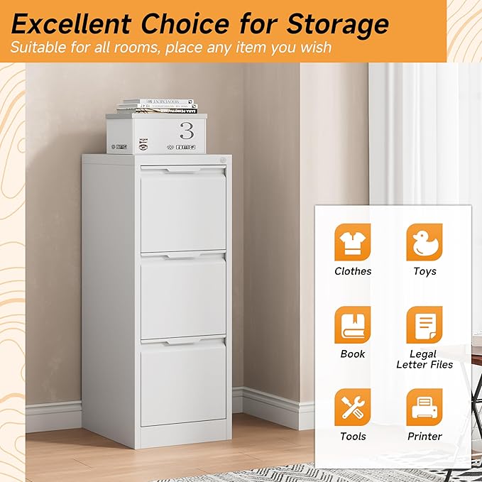 Bestoo 3-Drawer File Cabinet with Lock, Metal Filing Cabinet for Home Office, Vertical Filing Storage Cabinets, Fits File Folders, Letter/Legal/F4/A4 Size, Assembly Required (White)