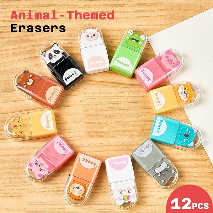 Sooez 12 Pack Pencil Erasers, Cute Animal Eraser with Clean up Roller and Cover, Latex-Free, Bulk Art Drawing Erasers for Teens Adults & Teacher Classroom/School Supplies