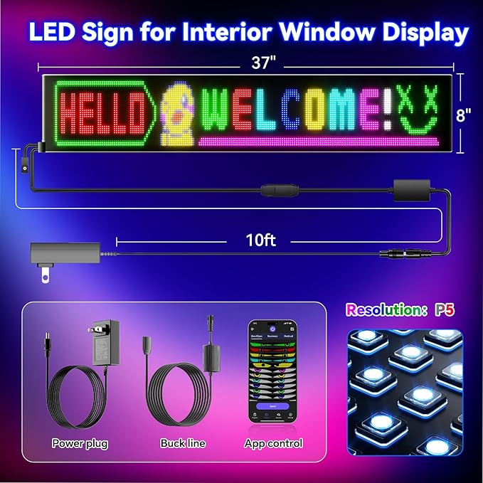 Large Programmable LED Sign, P5 Resolution Indoor Store LED Sign, Bluetooth APP, for Business Retail Shop Window Display (49"x 8")