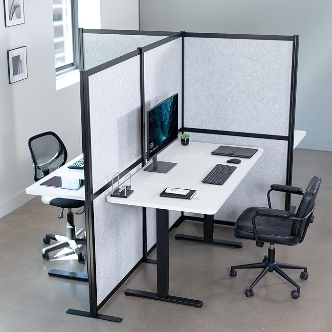 VIVO T-Shape Modular Corner Wall System, 4 Panels, Modern Professional Office Cubicle Dividers, Freestanding Privacy Screen, 66 inches High, Light Gray, Black Frame, PP-MWS63B-T