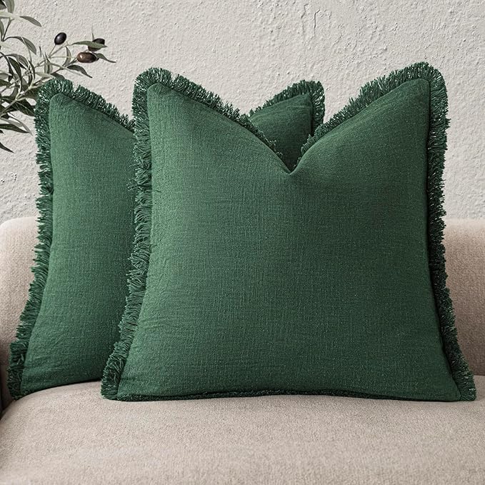 Foindtower Set of 2 Decorative Linen Fringe Throw Pillow Covers Cozy Boho Farmhouse Cushion Cover with Tassels Soft Accent Pillowcase for Couch Sofa Bed Living Room Home Decor, 26×26 Inch, Pine Green