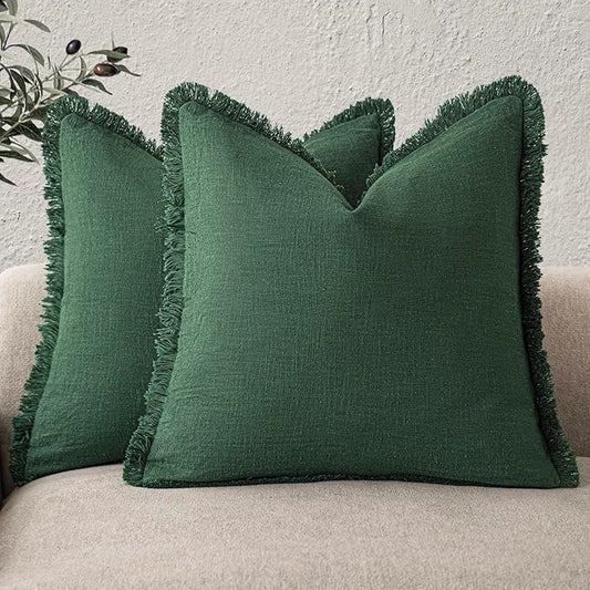 Foindtower Set of 2 Decorative Linen Fringe Throw Pillow Covers Cozy Boho Farmhouse Cushion Cover with Tassels Soft Accent Pillowcase for Couch Sofa Bed Living Room Home Decor, 26×26 Inch, Pine Green