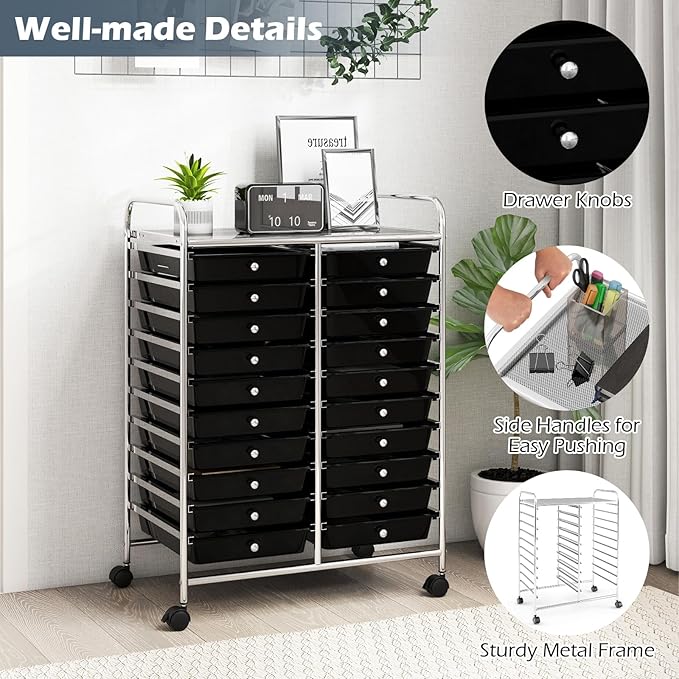 Happygrill 20-Drawer Organizer Cart Tools, Mobile Utility Storage Cart with Removable Drawers & Lockable Wheels, Rolling Storage Cart with wheels for Home Office School (Black)