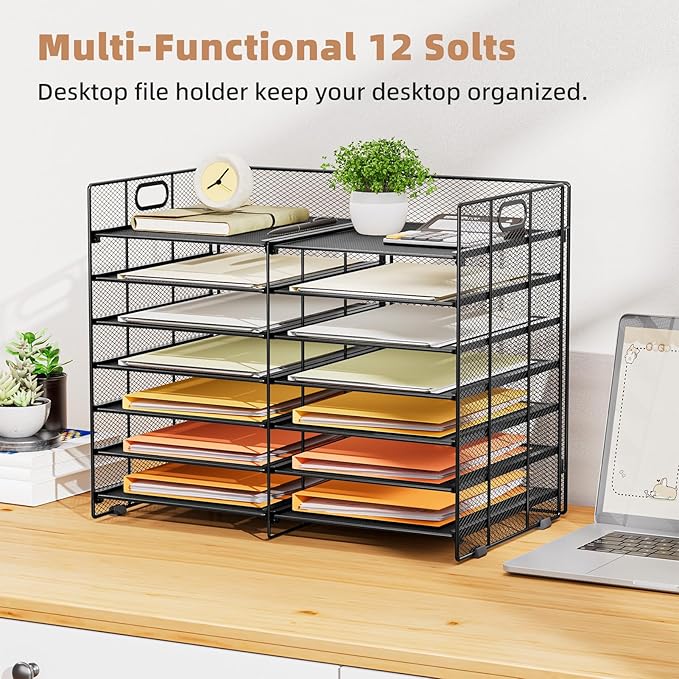 Marbrasse Desktop Literature Organizer, 12 Compartments Mesh Paper Organizer Desk Organizers, Adjustable File Sorter Mail Center Paper Storage Cabinet Classroom Mailbox for Office Home School, Black