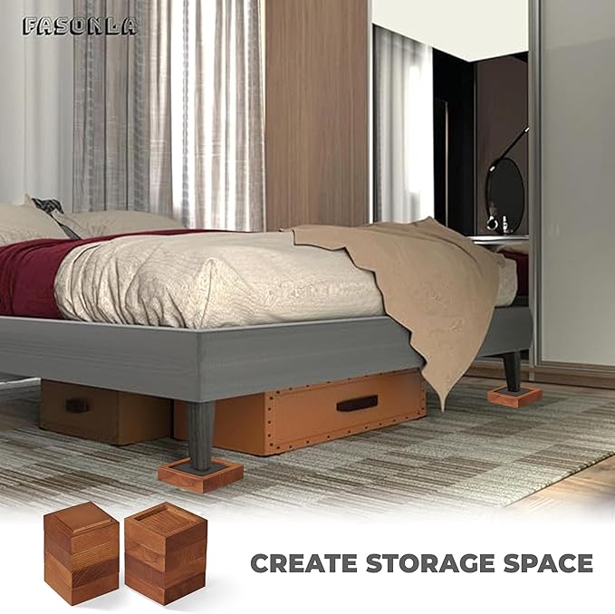 Bed Risers, Furniture Risers (Set of 8-Height 1") Can be Adjusted to 2'' 3''or 4'', Lifts Furniture Risers, Solid Natural Wood Risers, Non-Slip Recessed Hole (Square-Light Brown Color)