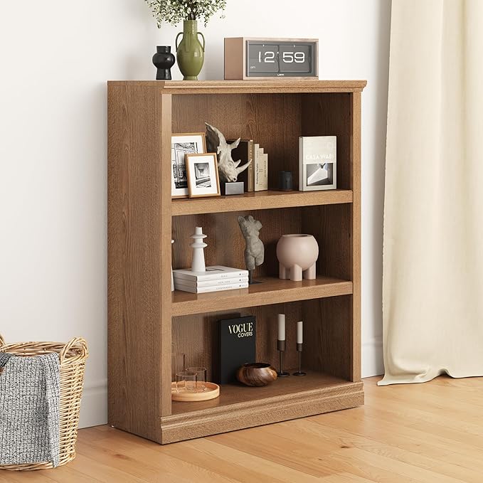 Bevfint 43 in Tall Bookcase, 3-Tier Bookshelf Open Storage, 33 inch Wide Floor Standing Indoor Furniture, Book Cases for Home School Library Office Bedroom Kids, Oak 3 Tiers