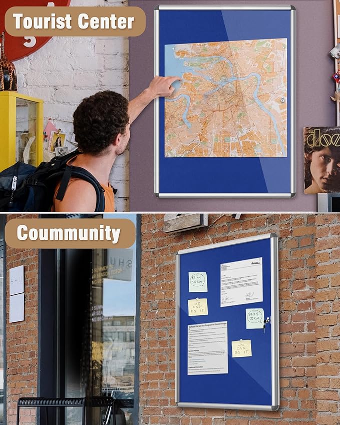 Mifuro 38"x28" Enclosed Bulletin Board, Lockable Weather-Resistant Aluminum Cork Noticeboard for School & Office, Silver Frame w/Blue Flet