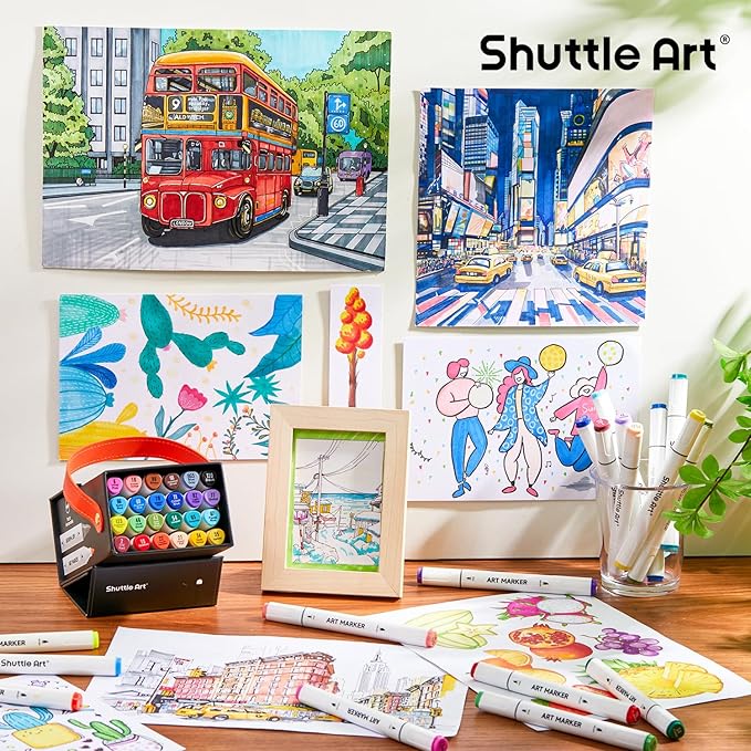 Shuttle Art Brush Tip Alcohol Markers, Dual Tip Brush & Fine Tip Art Marker Set, 24 Colors Marker Pens with Case Perfect for Illustration Kids Students Adults Coloring Sketching